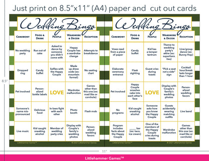 Green-striped Wedding Bingo game cards with printing instructions