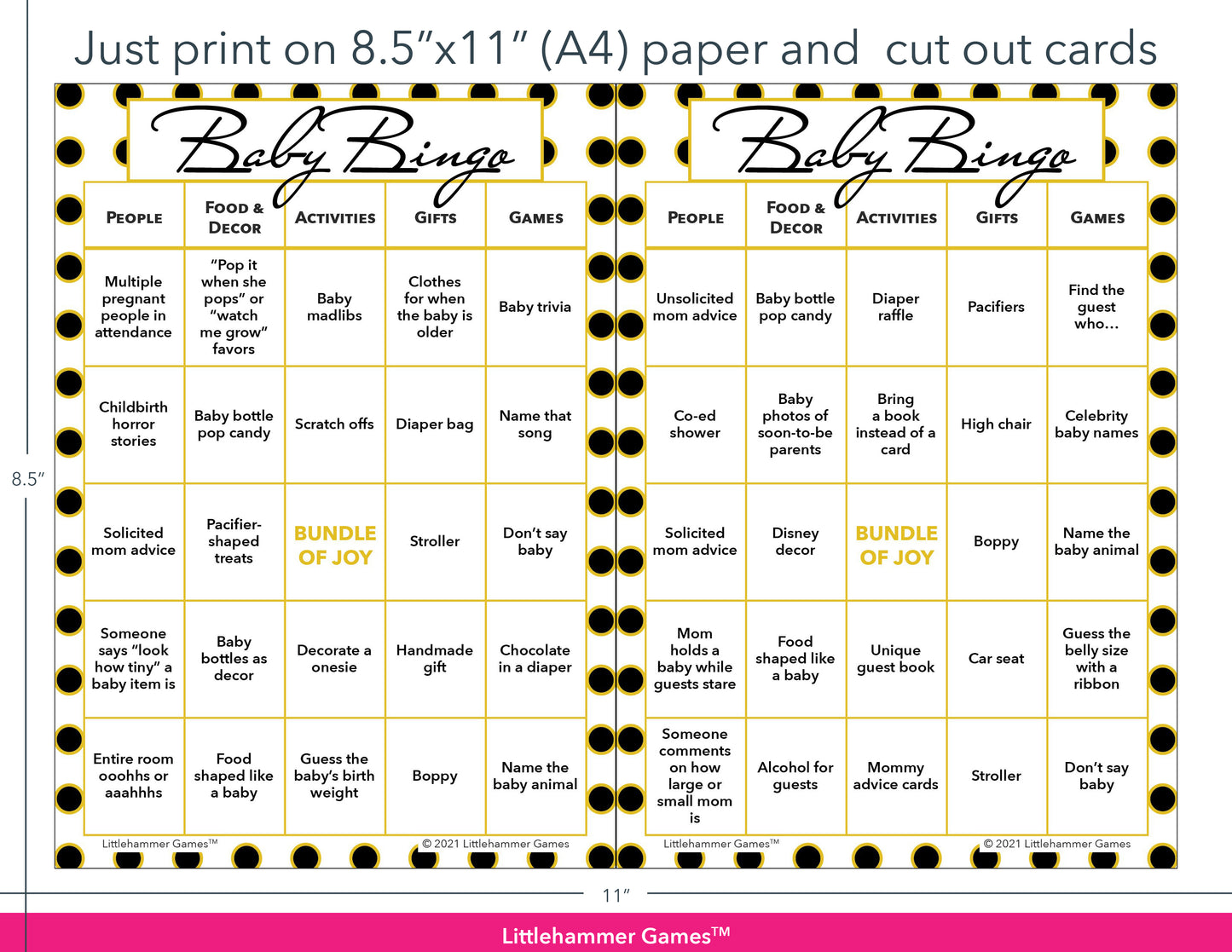 Black and gold polka dot Baby Bingo game cards with printing instructions