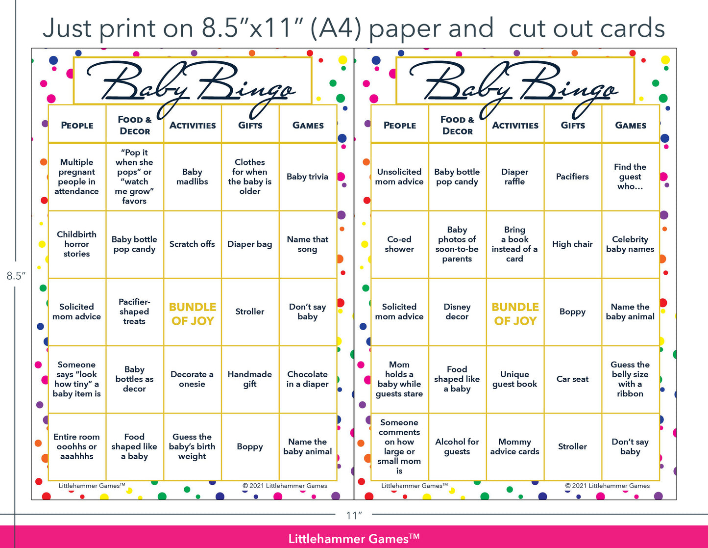 Rainbow polka dot Baby Bingo game cards with printing instructions