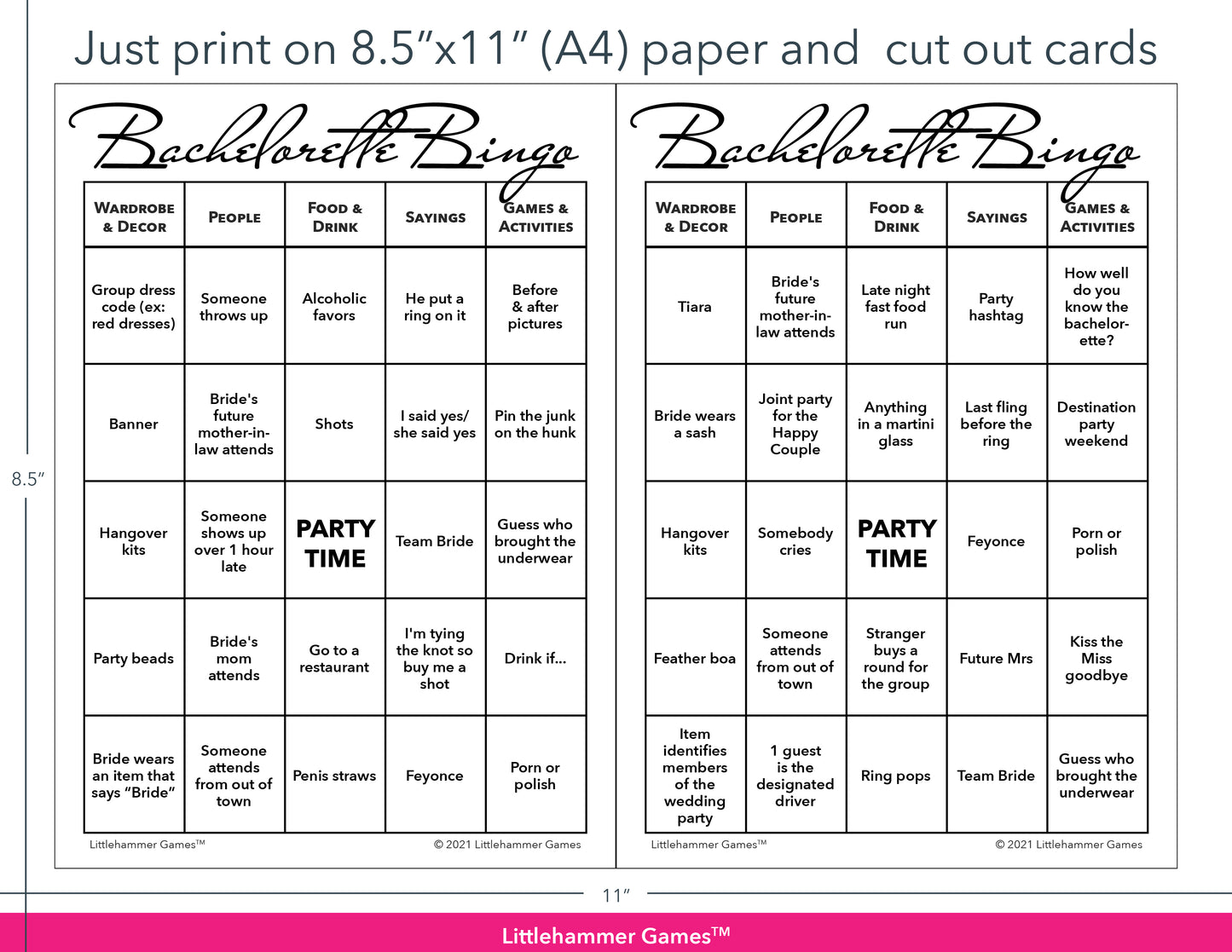 Minimalist black and white Bachelorette Bingo game cards with printing instructions