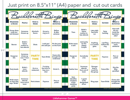 Green and navy-striped Bachelorette Bingo game cards with printing instructions