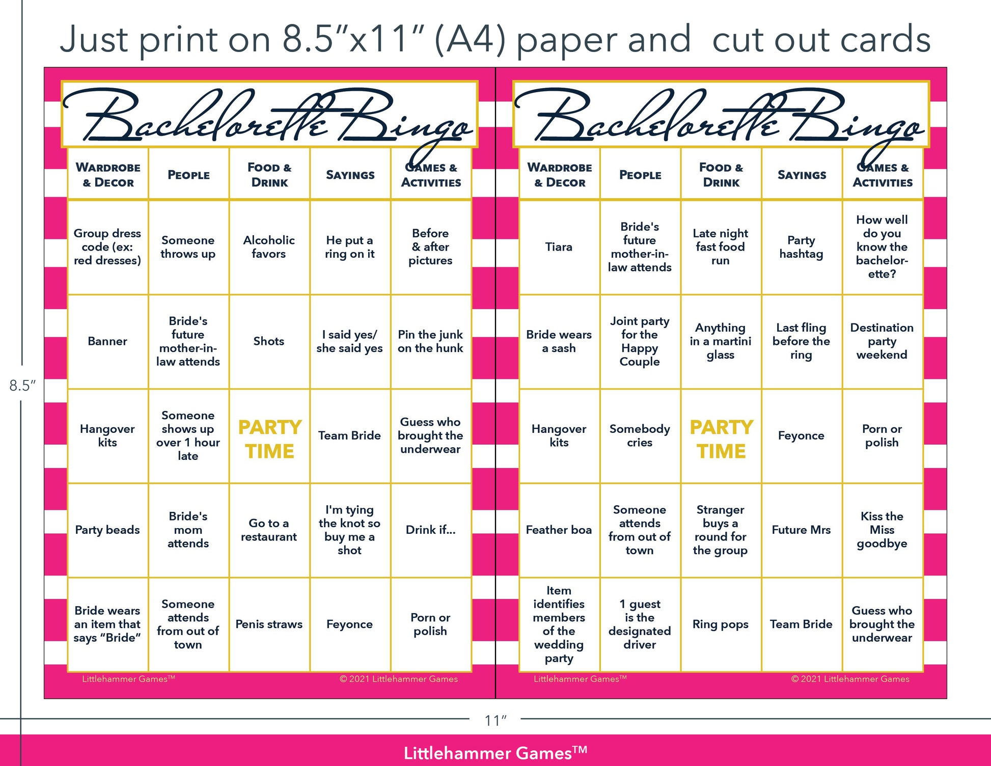 Hot pink-striped Bachelorette Bingo game cards with printing instructions