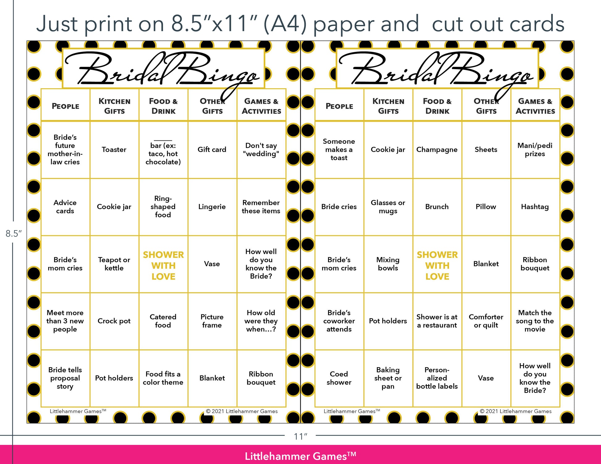 Black and gold polka dot Bridal Bingo game cards with printing instructions