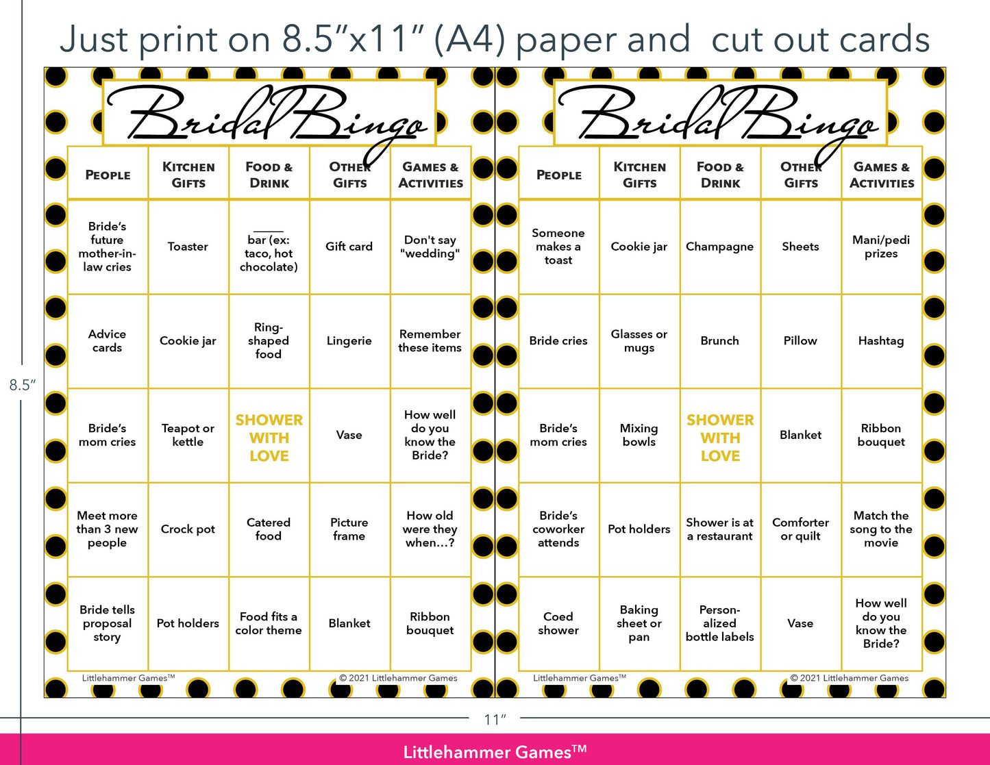 Black and gold polka dot Bridal Bingo game cards with printing instructions