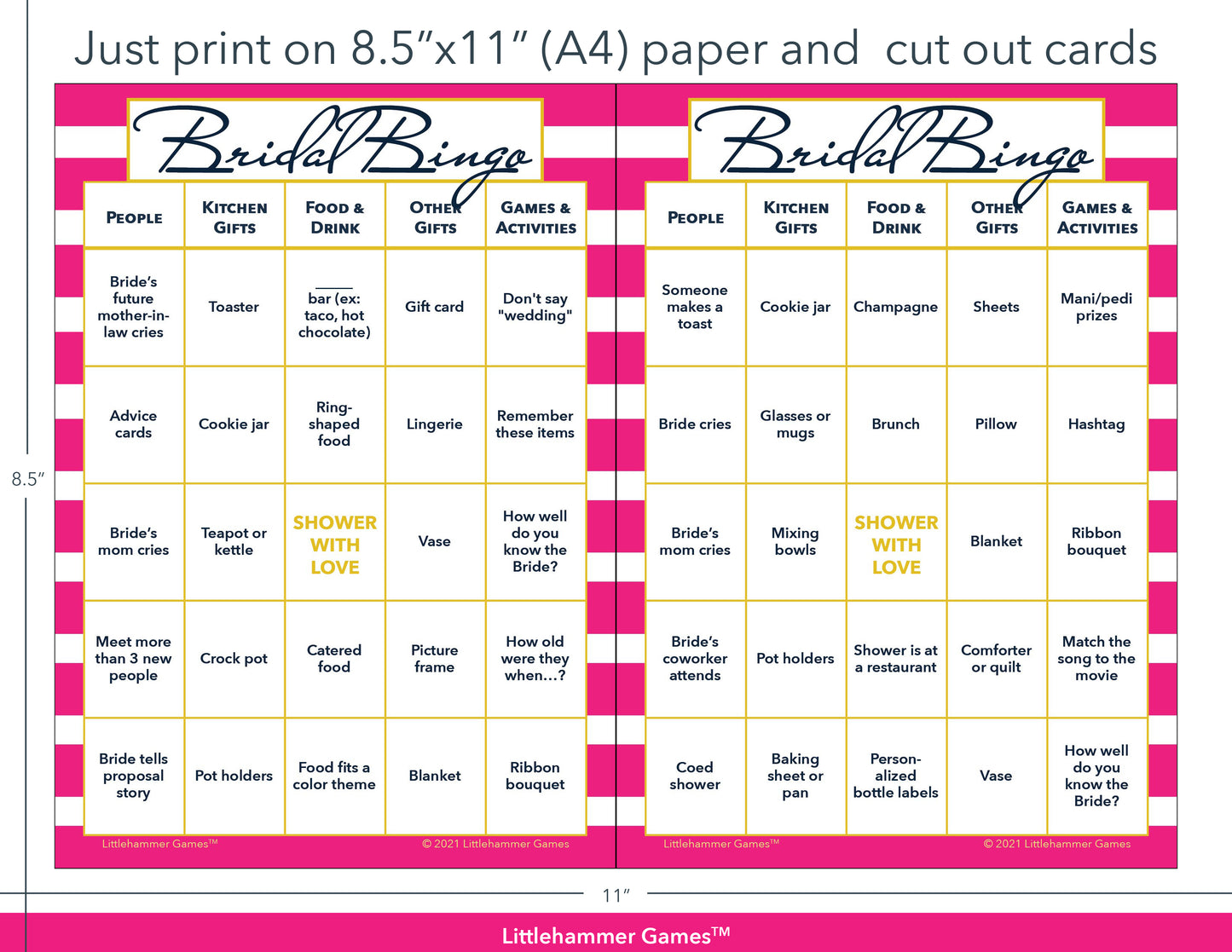 Hot pink-striped Bridal Bingo game cards with printing instructions