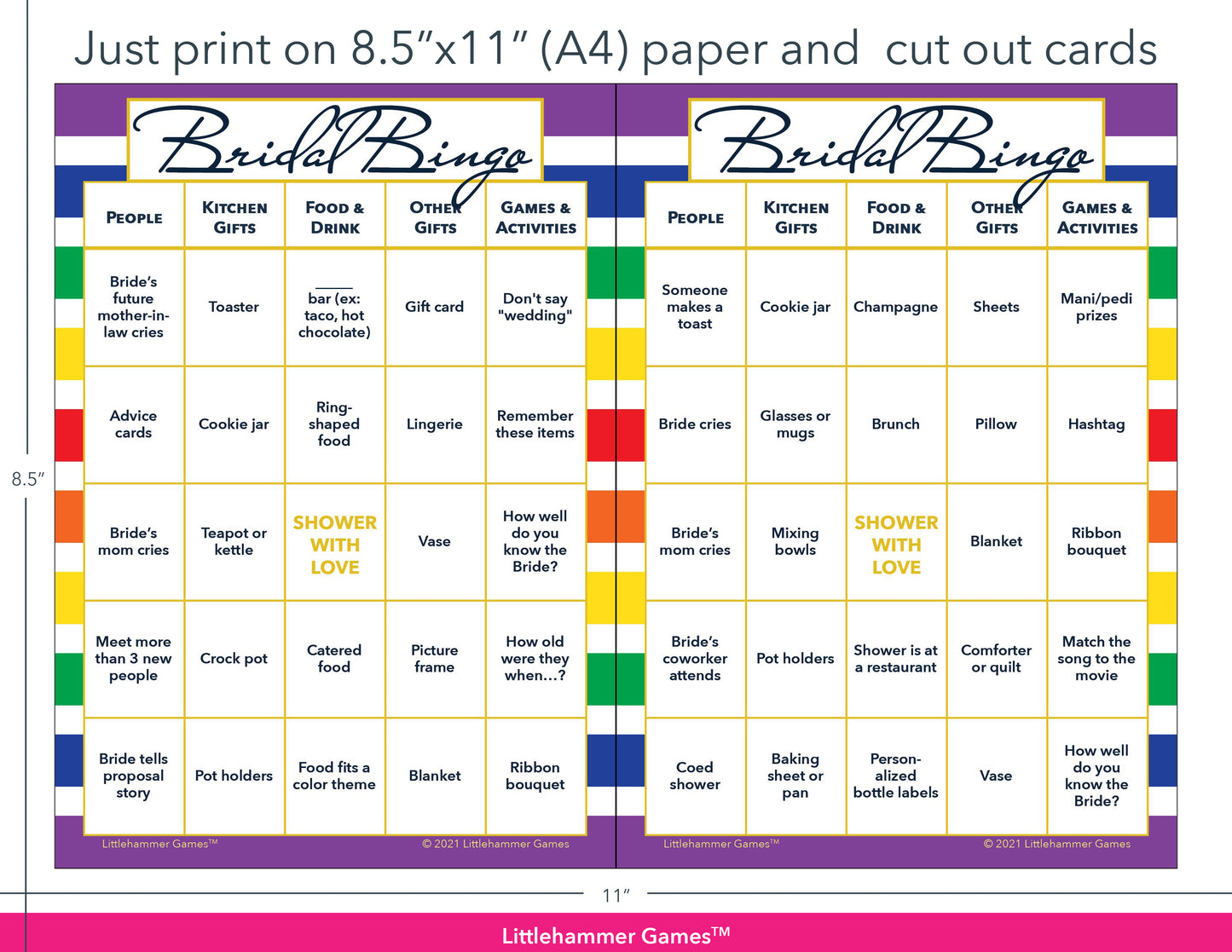 Rainbow-striped Bridal Bingo game cards with printing instructions
