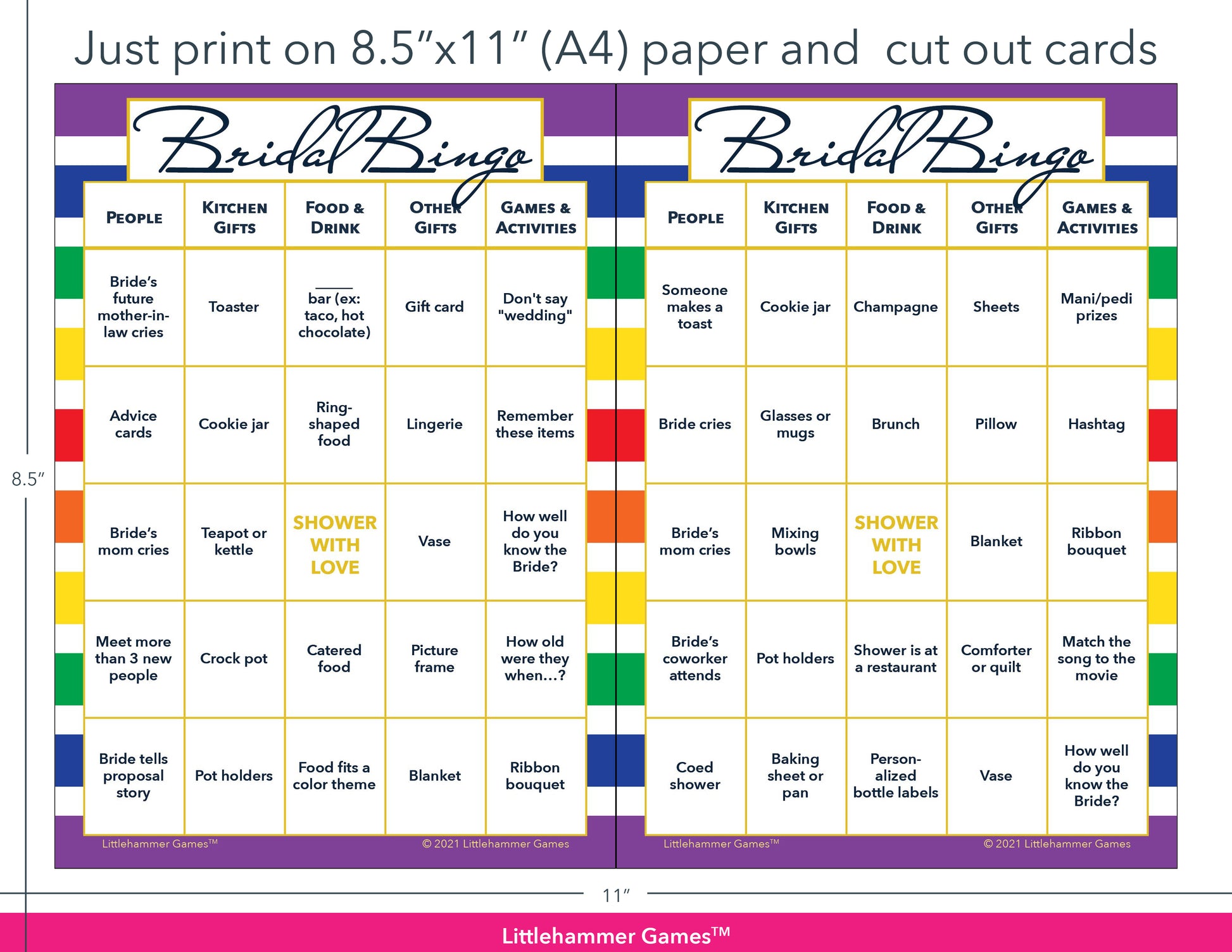 Rainbow-striped Bridal Bingo game cards with printing instructions