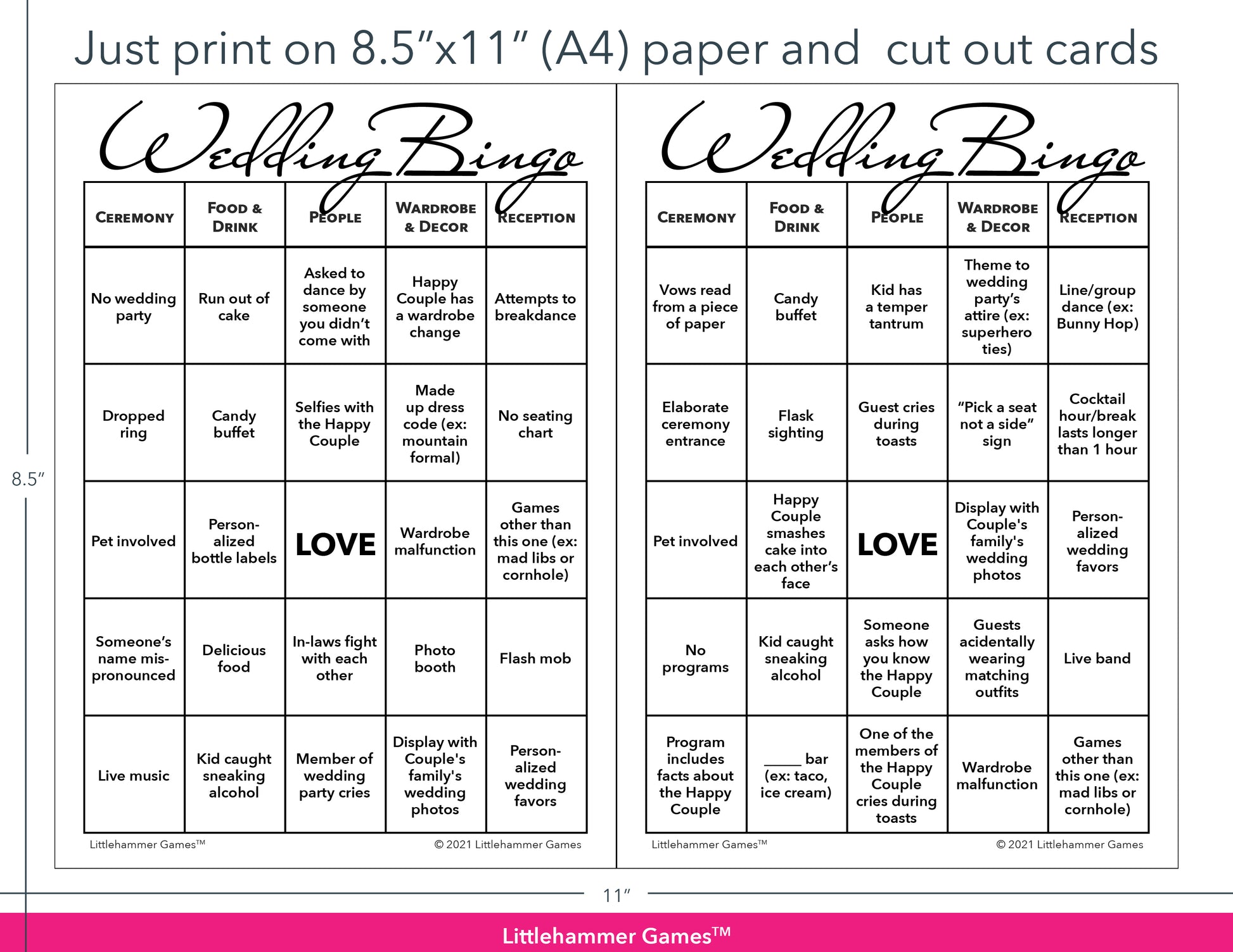 Black and white Wedding Bingo game cards with printing instructions