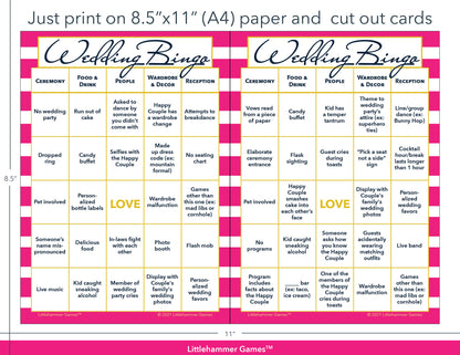 Pink-striped Wedding Bingo game cards with printing instructions