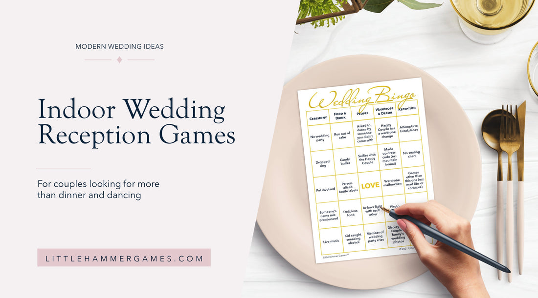 Wedding reception place setting featuring a printable Wedding Bingo game