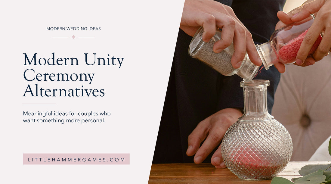 Featured image for blog post about modern unity ceremony alternatives, featuring a couple pouring colored sand into a glass vase beside elegant wedding-inspired text.