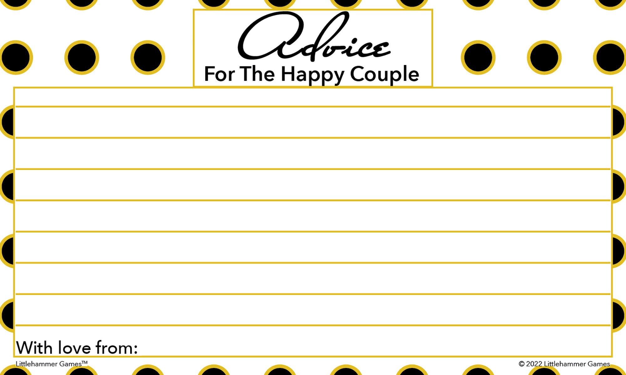 Black and gold polka dot advice for the newlyweds card