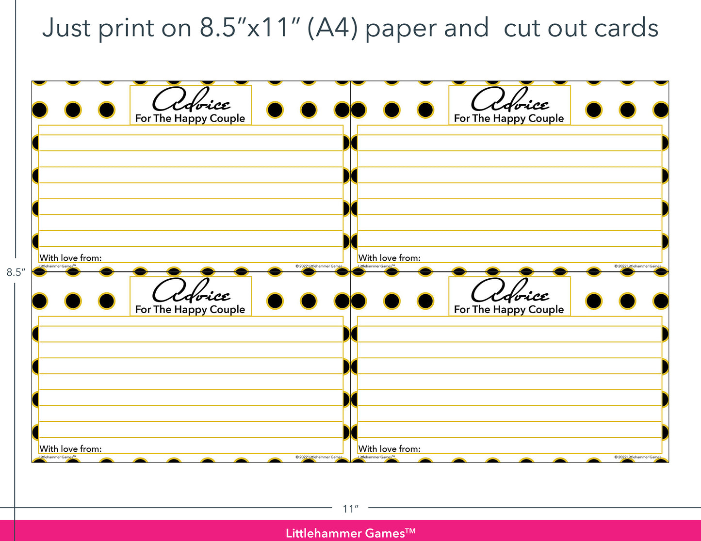 Black and gold polka dot advice for the newlyweds cards with printing instructions