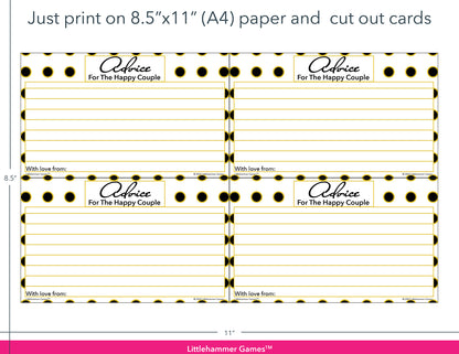 Black and gold polka dot advice for the newlyweds cards with printing instructions