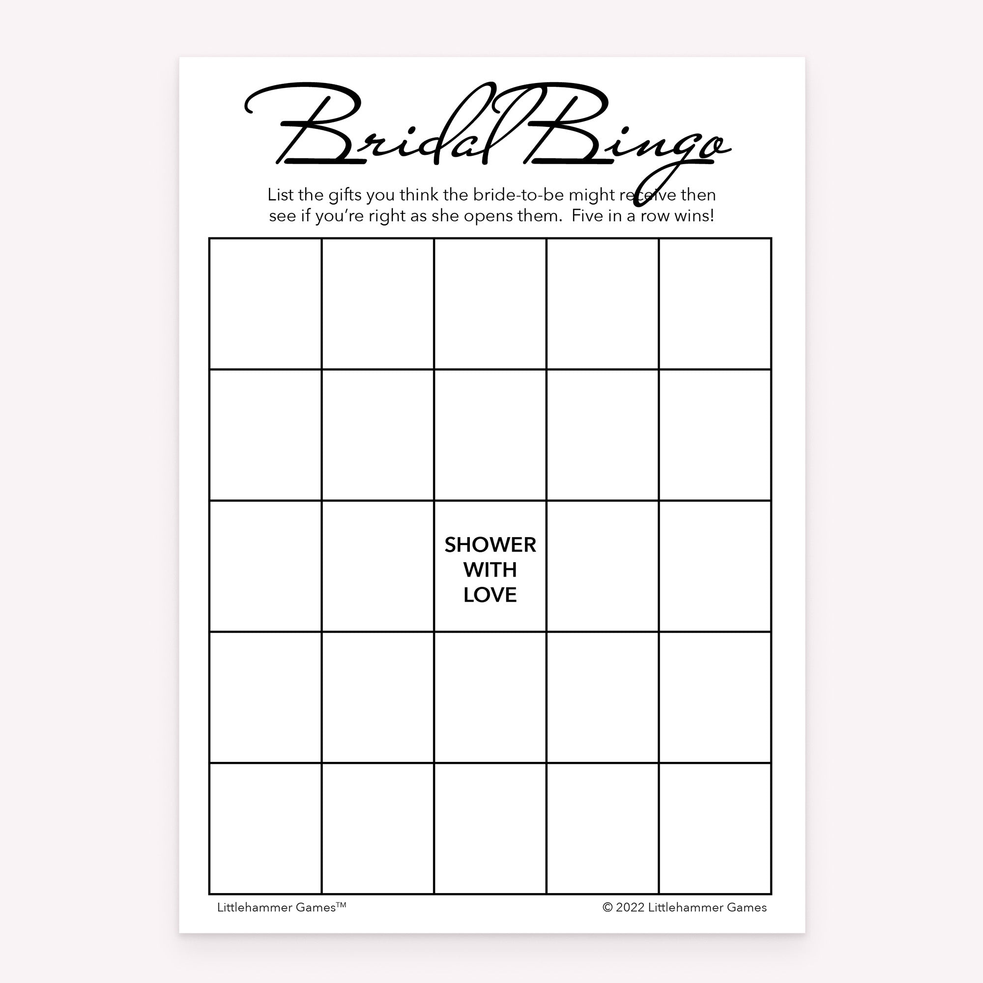 Bridal Gift Bingo bridal shower printable activity card in black and white