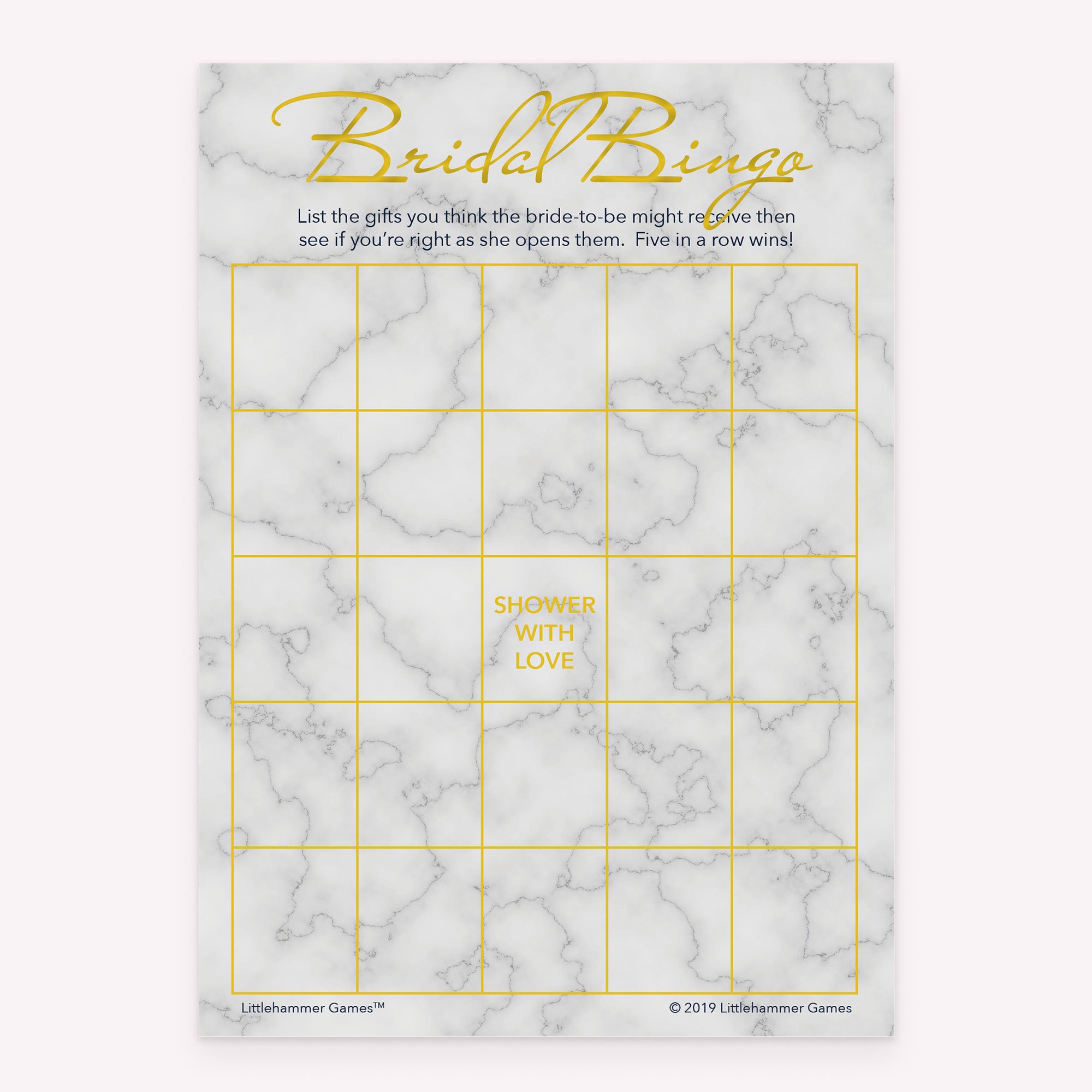 Printable bridal shower Bridal Gift Bingo card in gold and marble theme