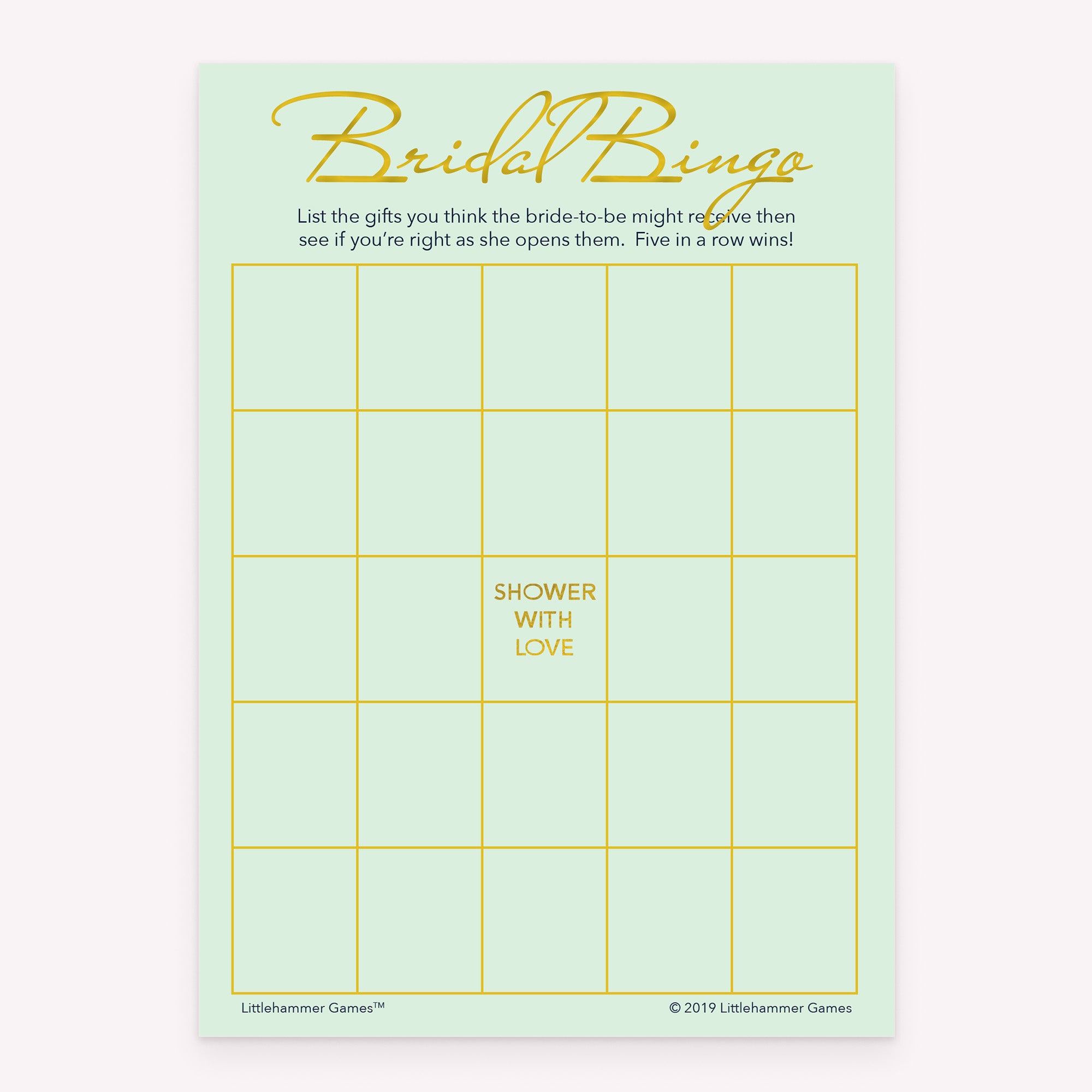 Bridal Gift Bingo bridal shower game card with mint and gold layout