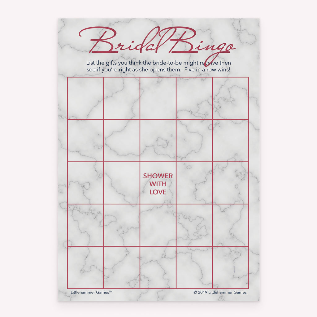 Bridal shower printable Bridal Gift Bingo card featuring rose gold and marble background