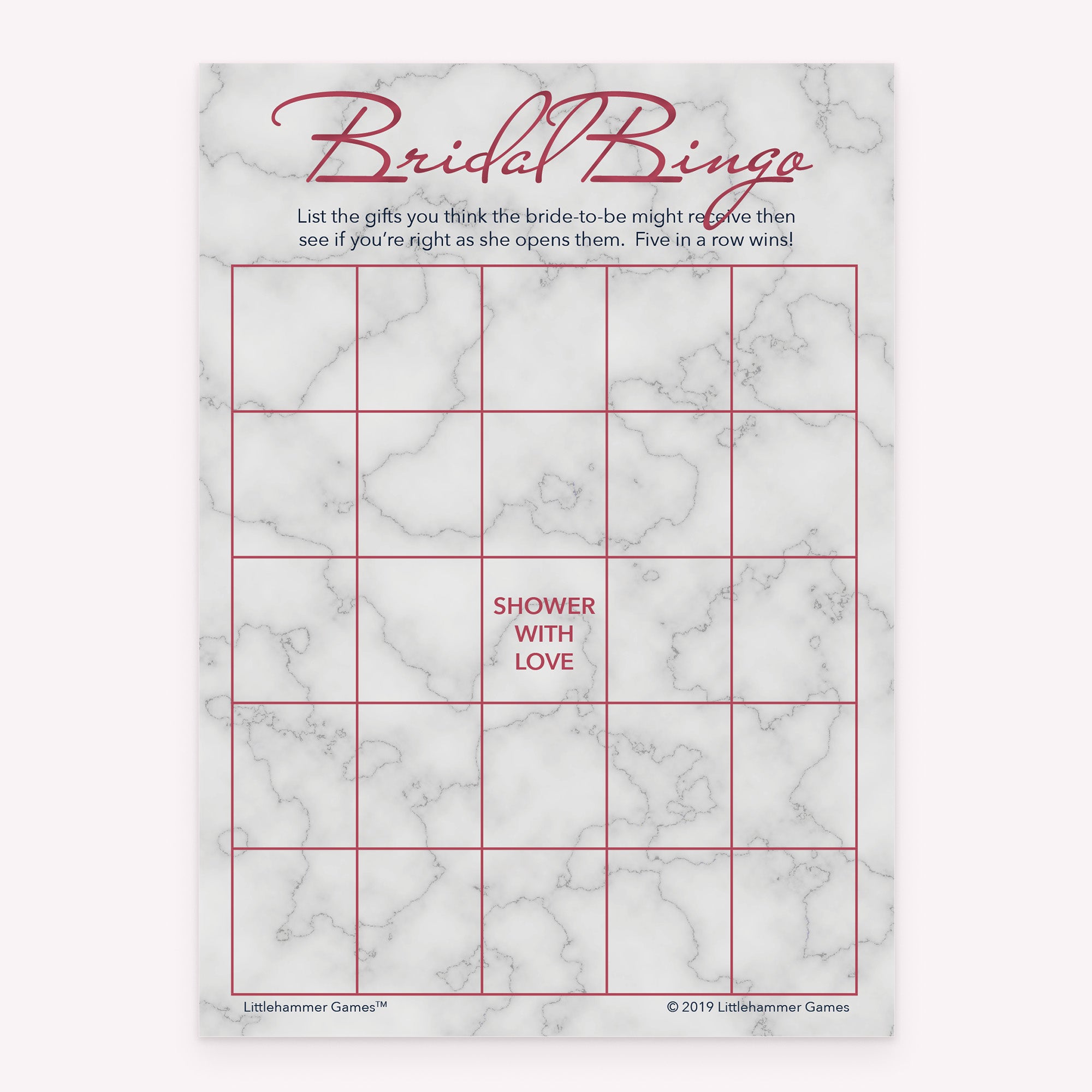 Bridal shower printable Bridal Gift Bingo card featuring rose gold and marble background
