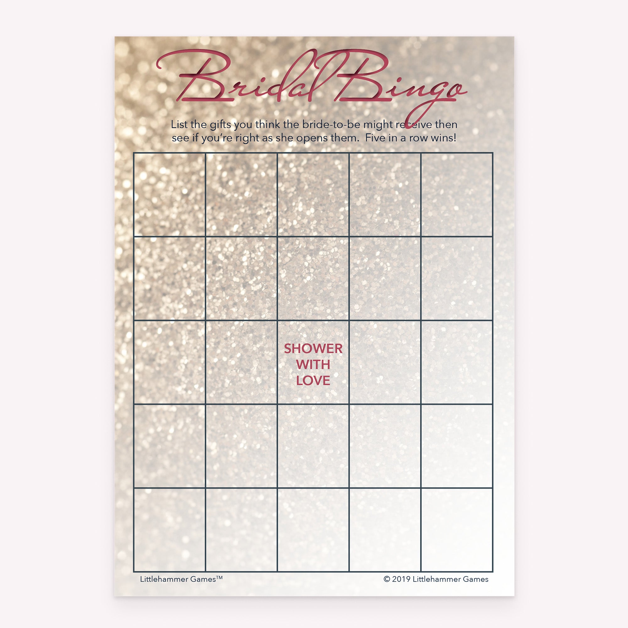 Bridal Gift Bingo printable bridal shower activity in rose gold glitter style