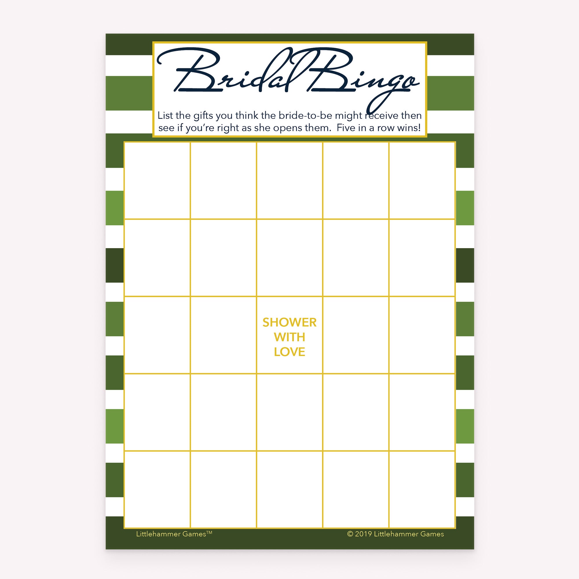 Green stripe bridal shower Bridal Gift Bingo printable game card layout