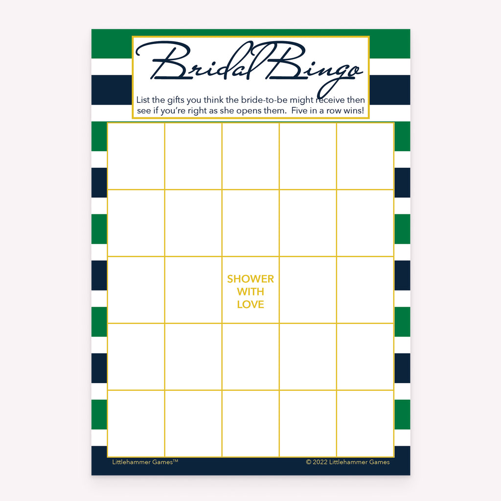 Printable bridal shower Bridal Gift Bingo game card with green and navy stripe design