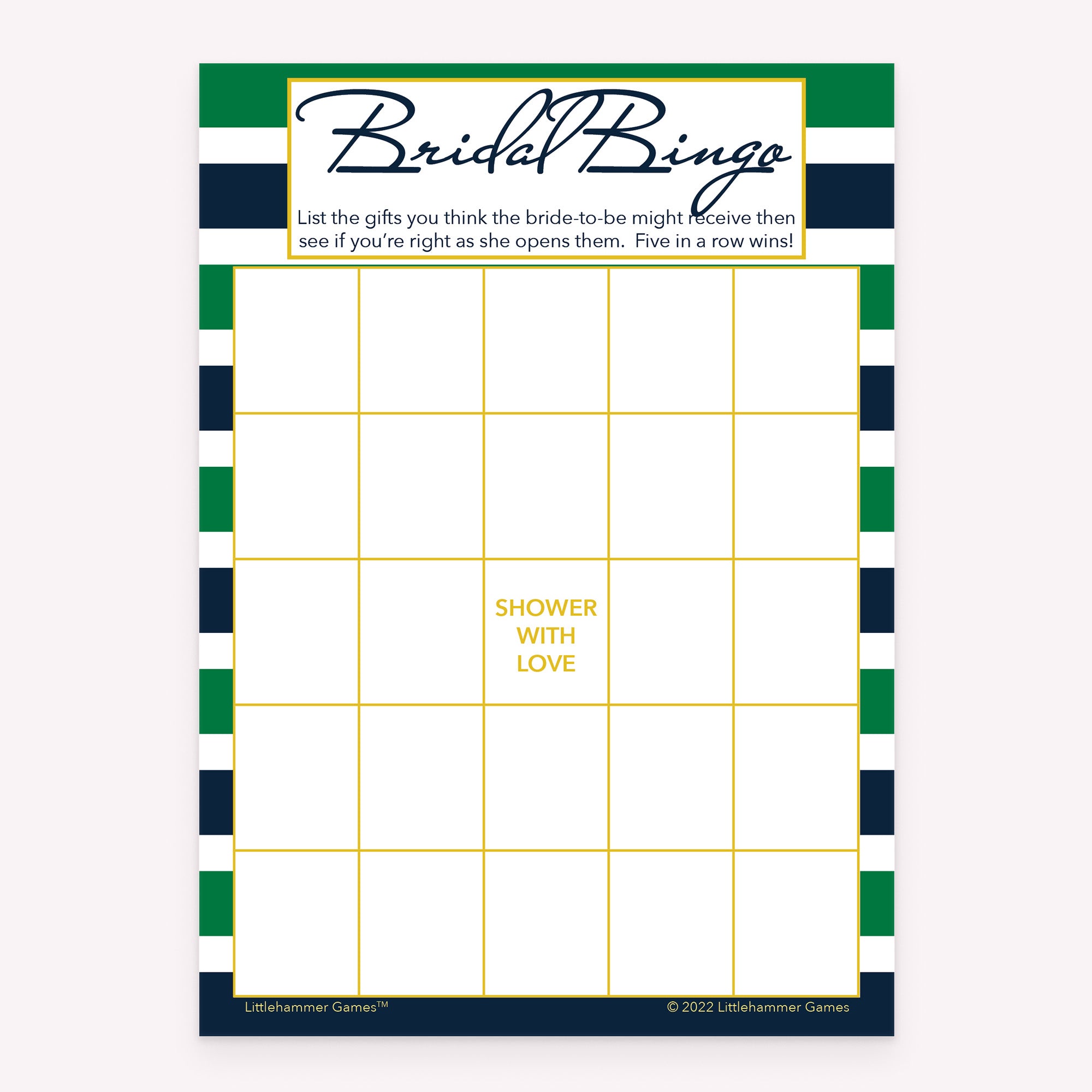 Printable bridal shower Bridal Gift Bingo game card with green and navy stripe design