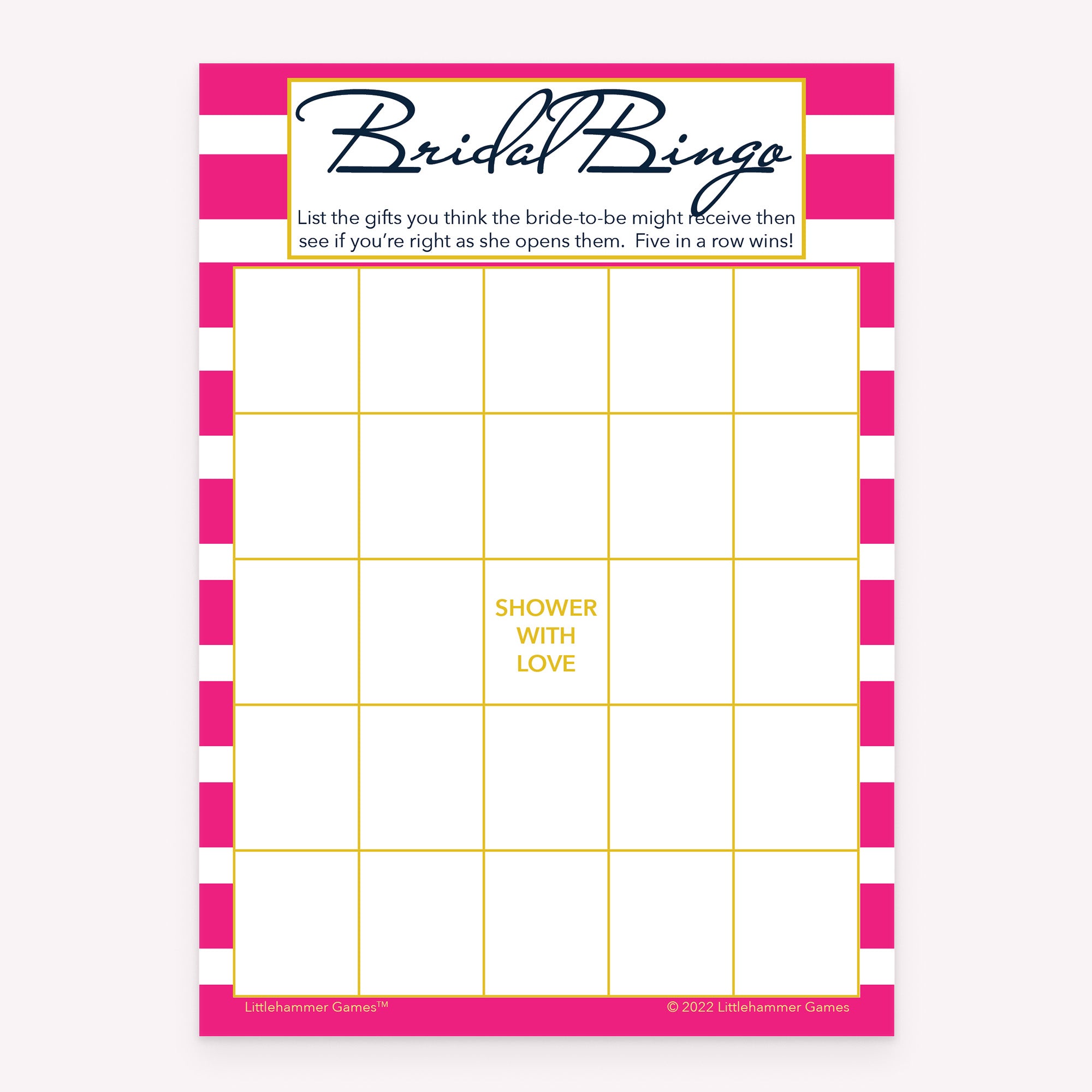 Bridal Gift Bingo bridal shower printable card in pink stripe theme