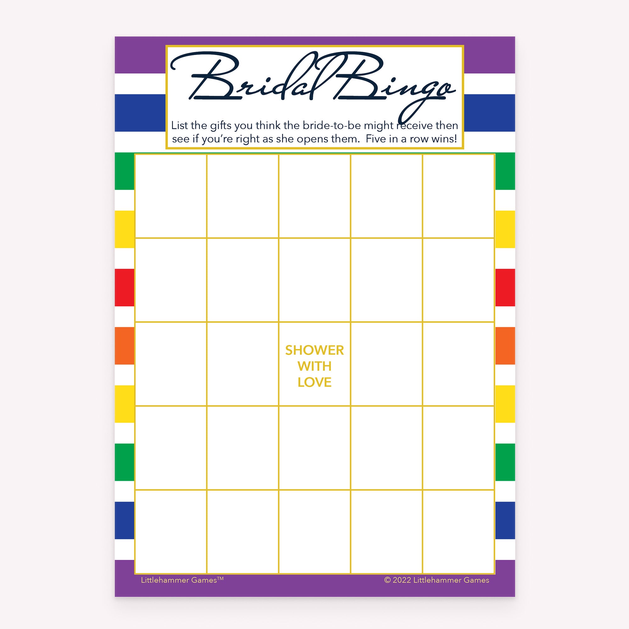 Rainbow-striped printable bridal shower Bridal Gift Bingo activity card
