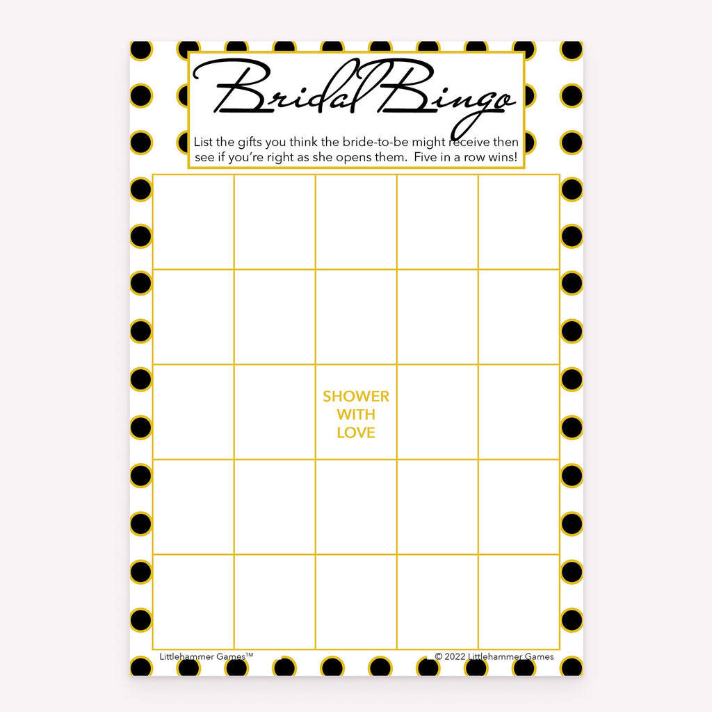 Black and gold polka dot printable Bridal Gift Bingo bridal shower game card