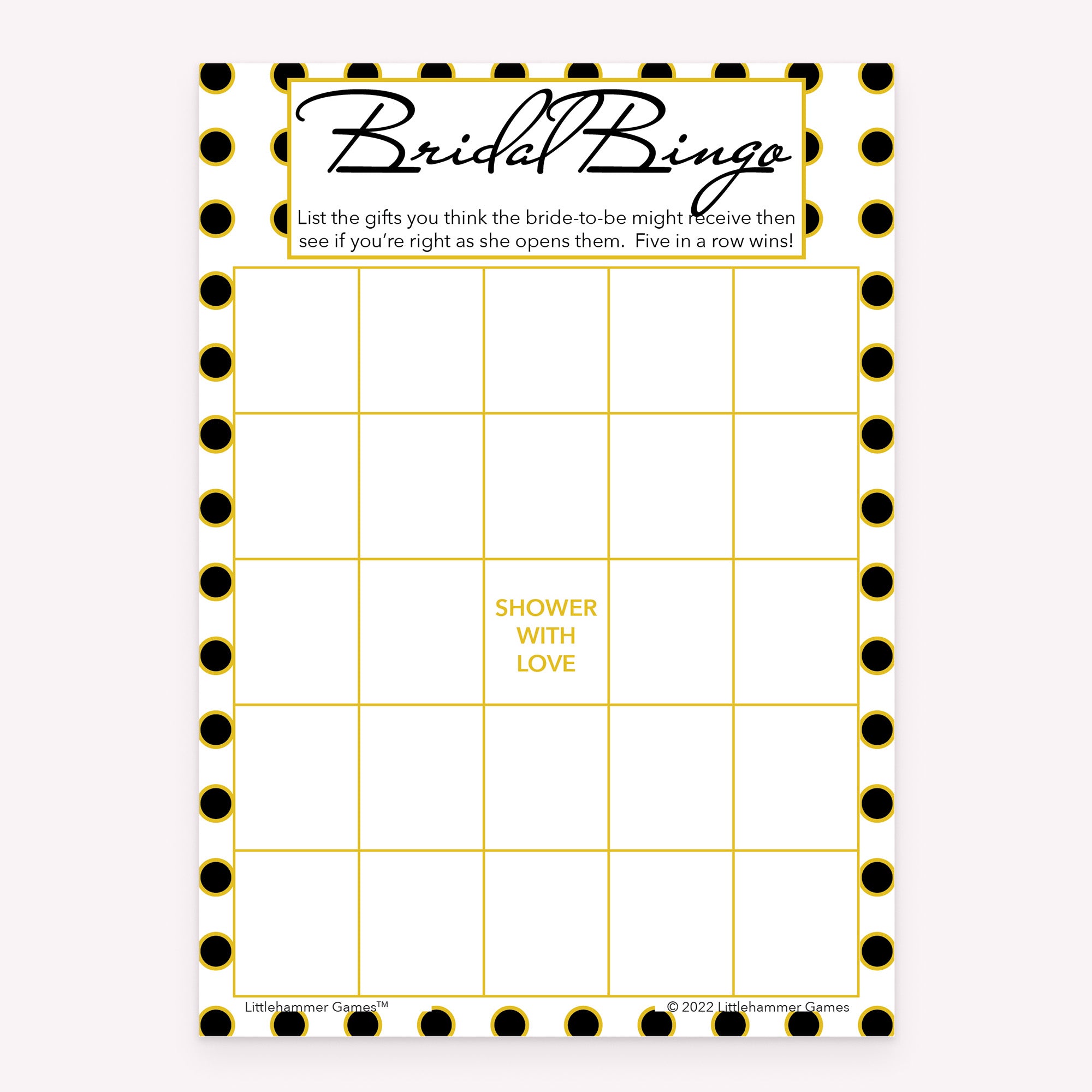 Black and gold polka dot printable Bridal Gift Bingo bridal shower game card
