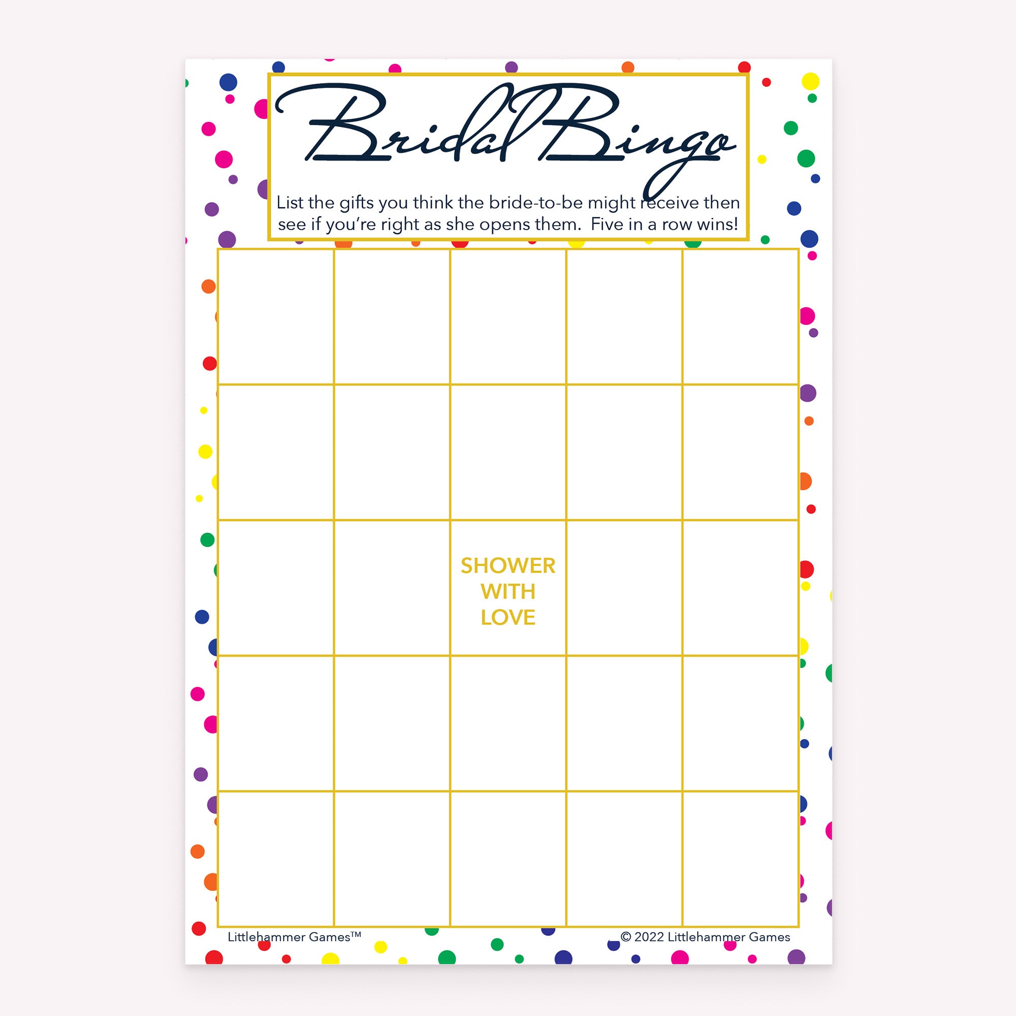Printable Bridal Gift Bingo bridal shower game card in rainbow polka dot design