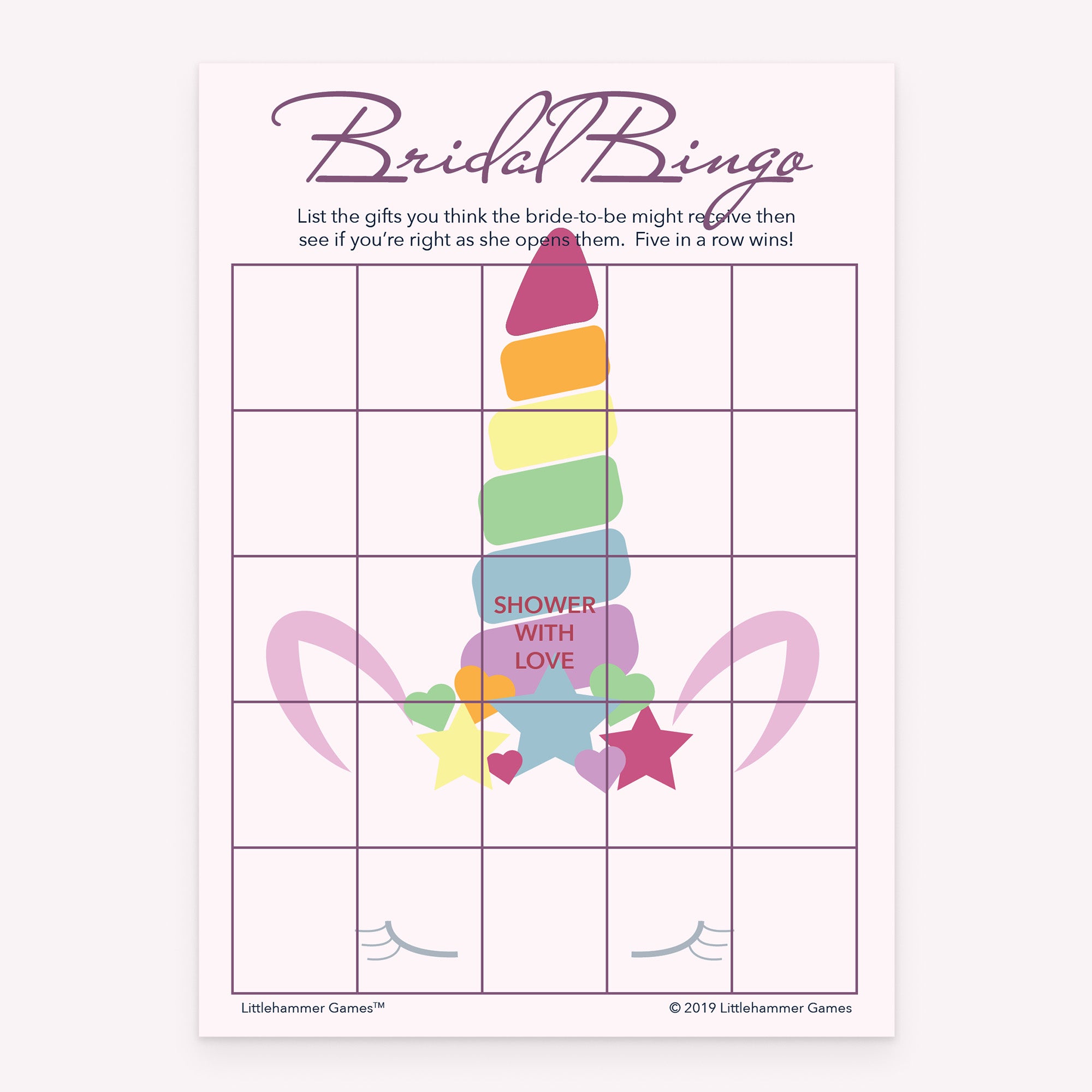 Unicorn-themed Bridal Gift Bingo printable bridal shower game card