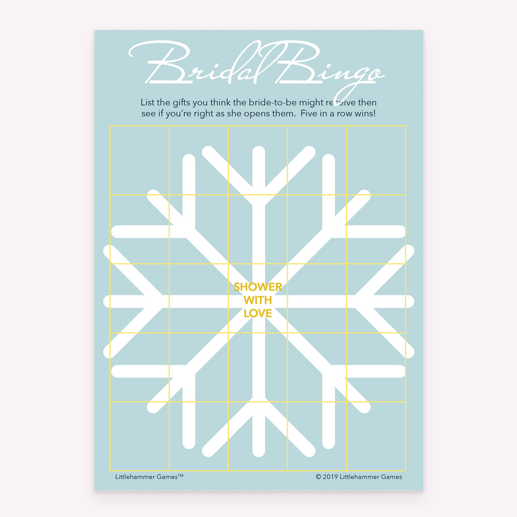 Bridal shower Bridal Gift Bingo game card printable in snowflake design
