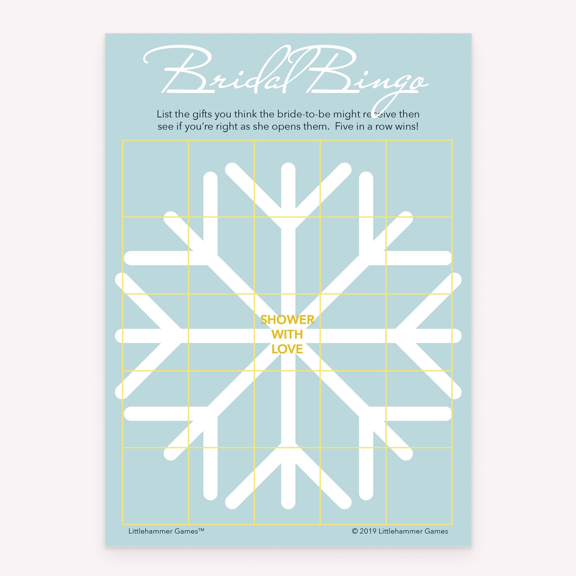 Bridal shower Bridal Gift Bingo game card printable in snowflake design