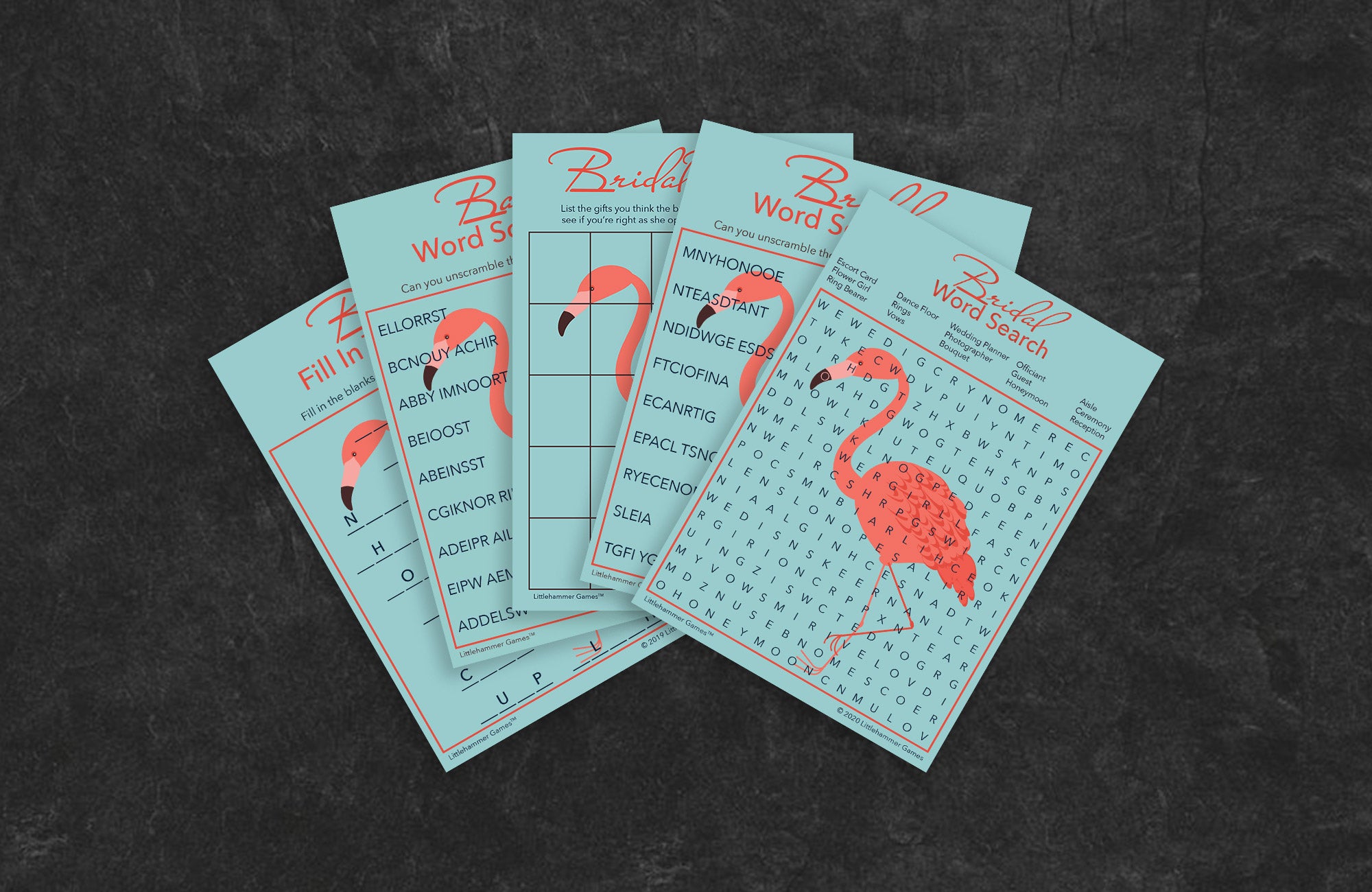 Flamingo-themed game cards fanned out on a slate background