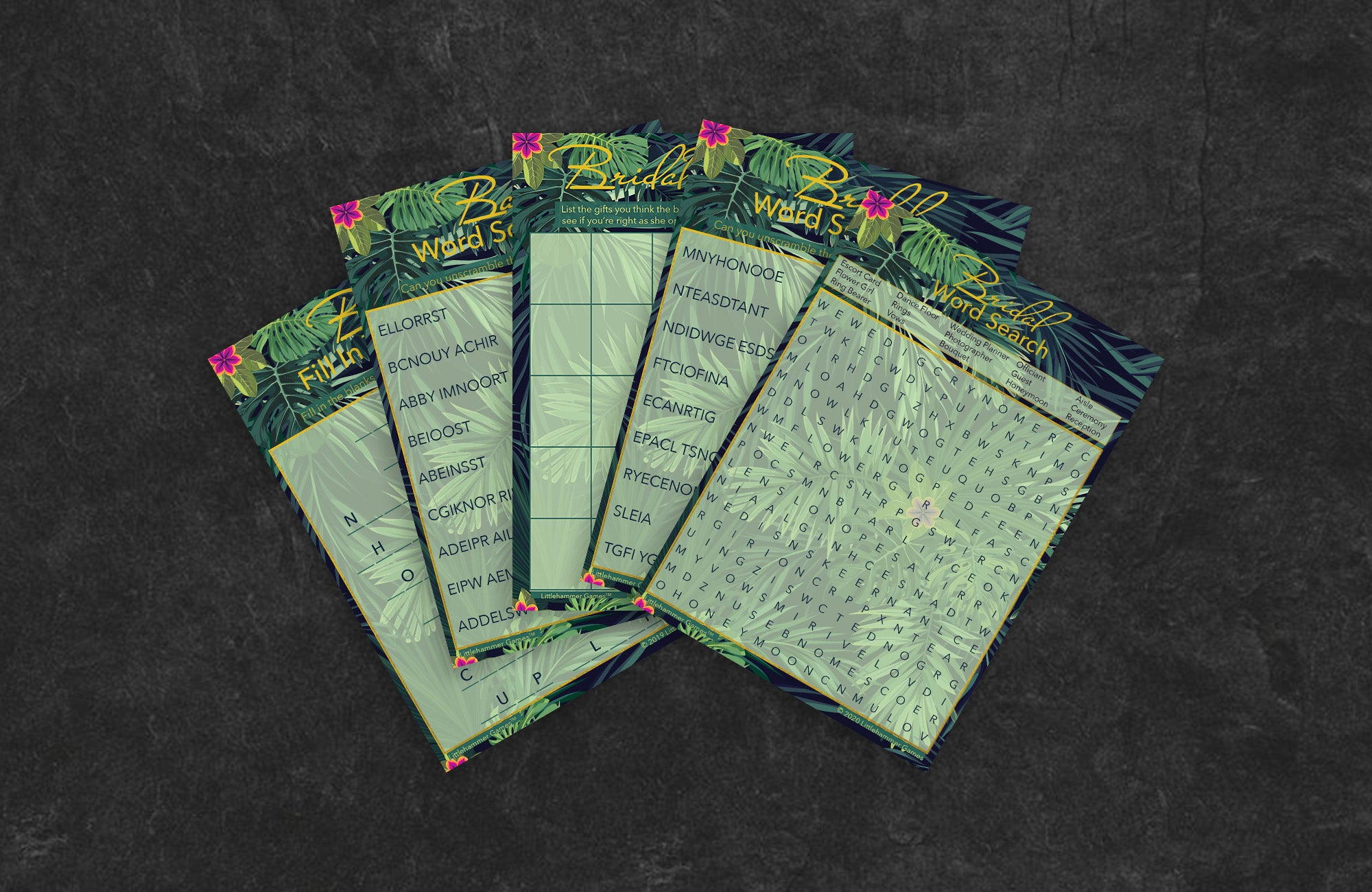 Tropical-themed game cards fanned out on a slate background