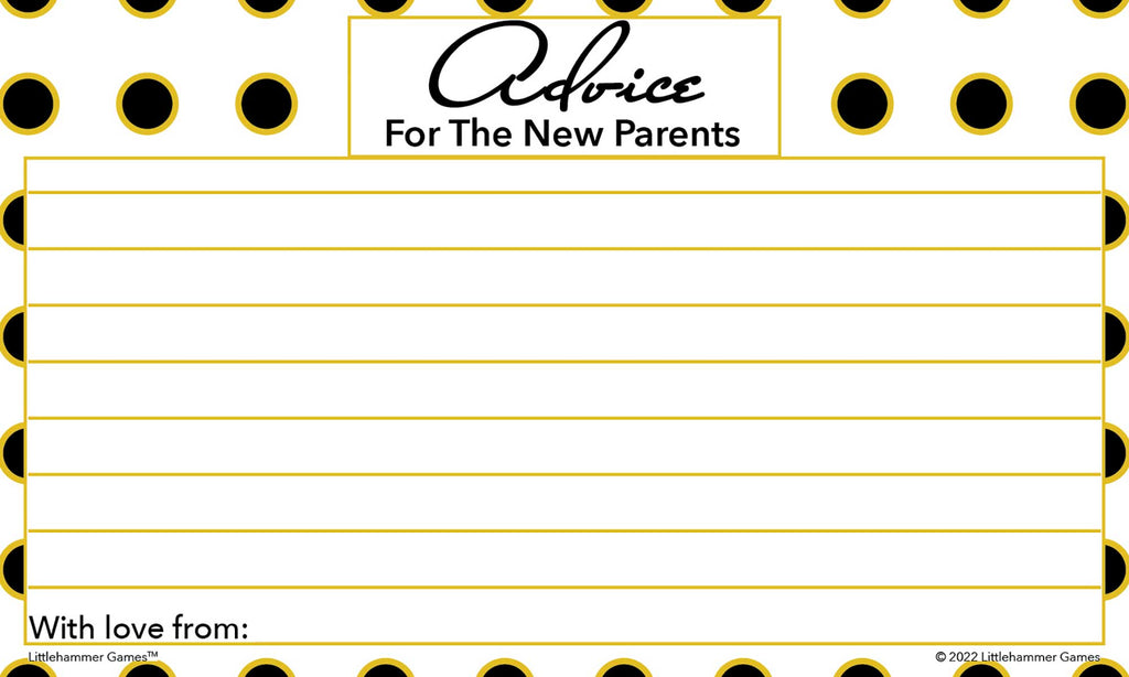 Black and gold polka dot baby shower advice card with bold title and lined writing area