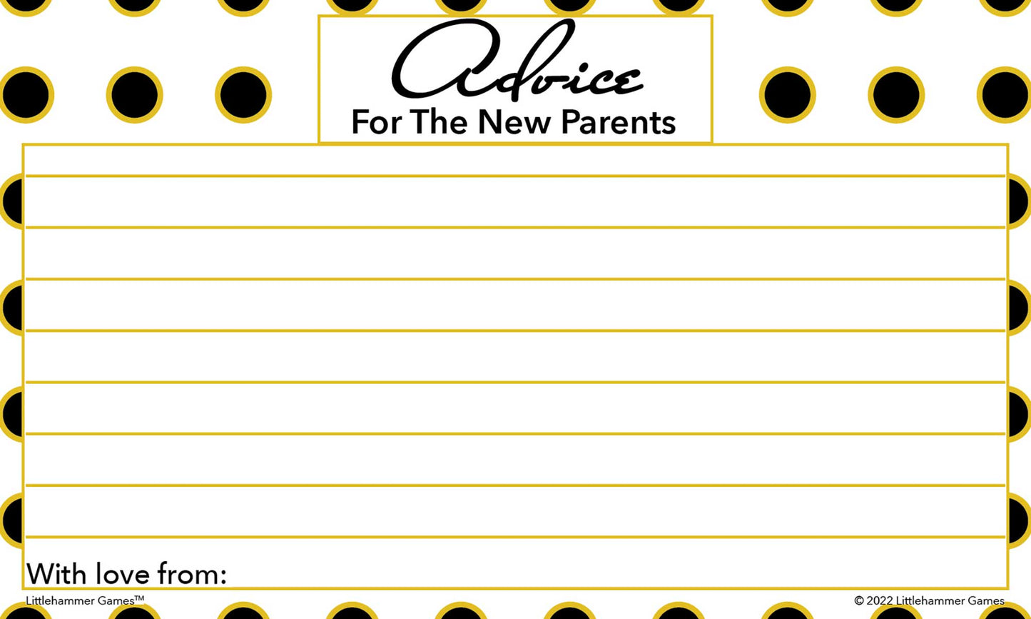 Black and gold polka dot baby shower advice card with bold title and lined writing area