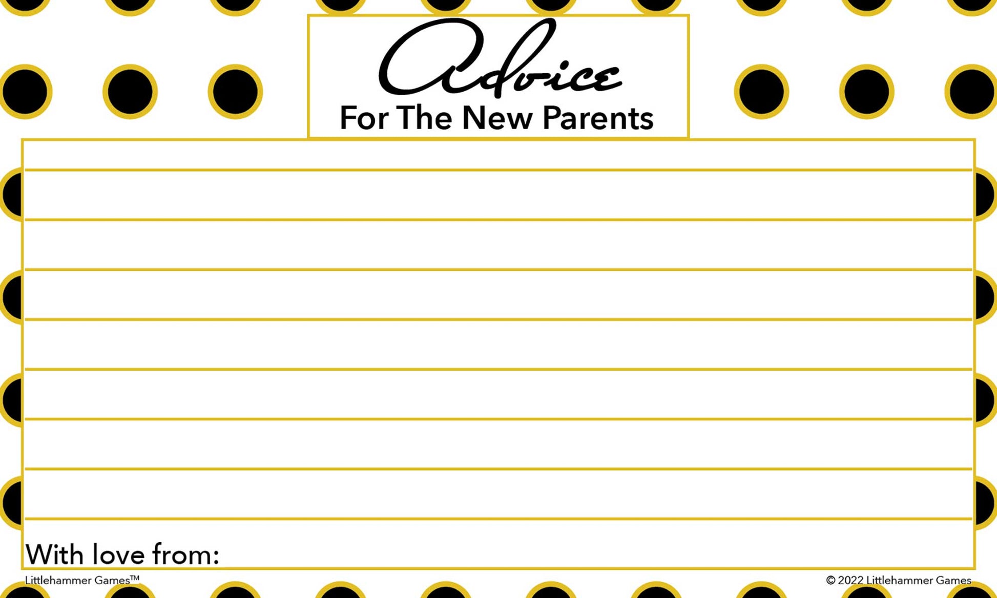 Black and gold polka dot baby shower advice card with bold title and lined writing area