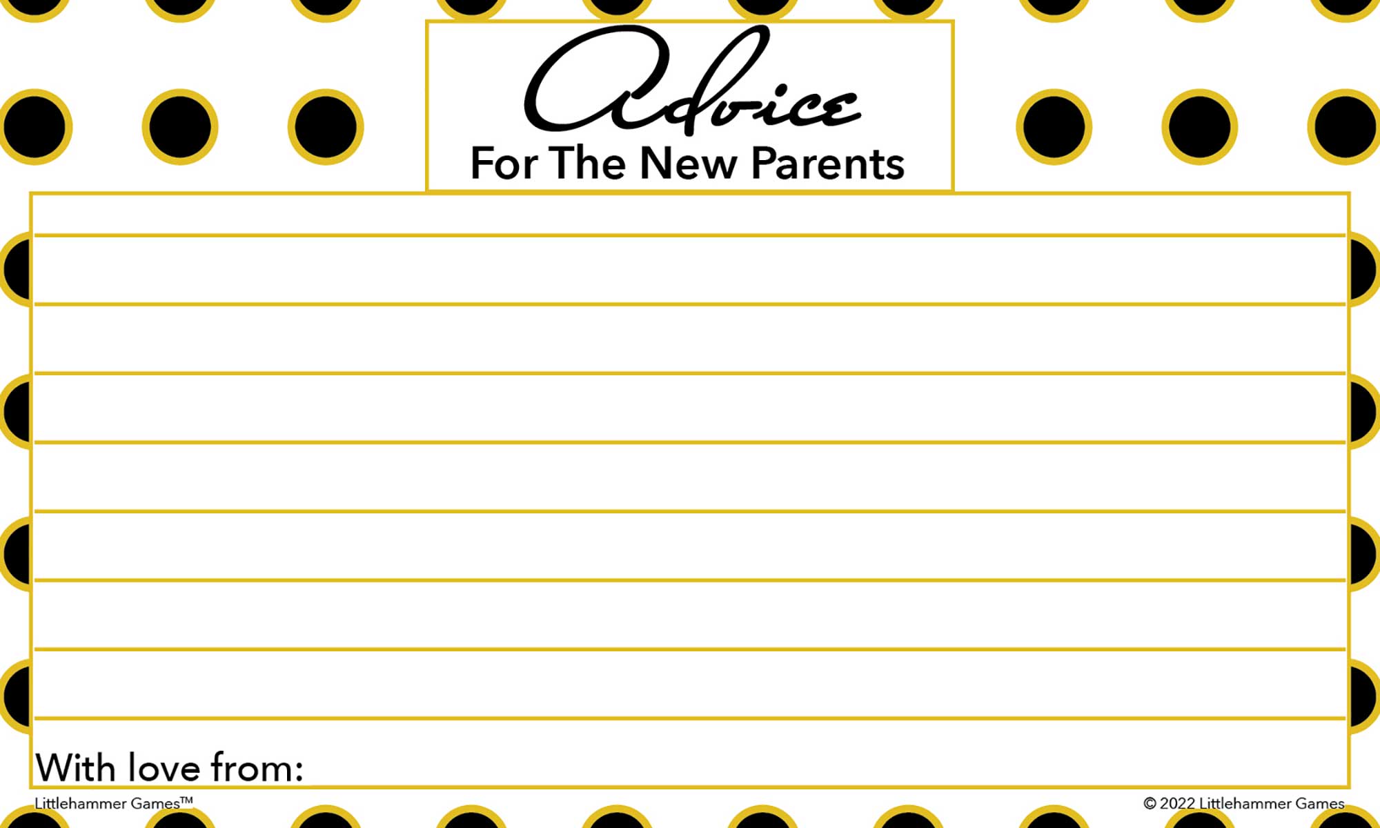 Black and gold polka dot baby shower advice card with bold title and lined writing area