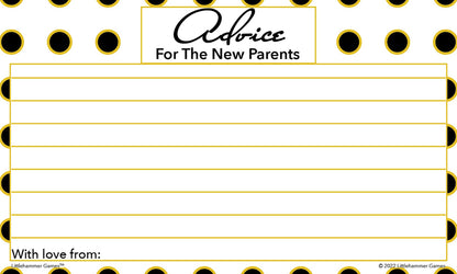 Black and gold polka dot baby shower advice card with bold title and lined writing area