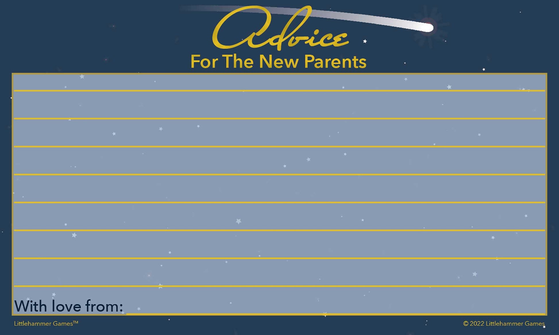 Celestial Advice for the New Parents card with decorative background and lines