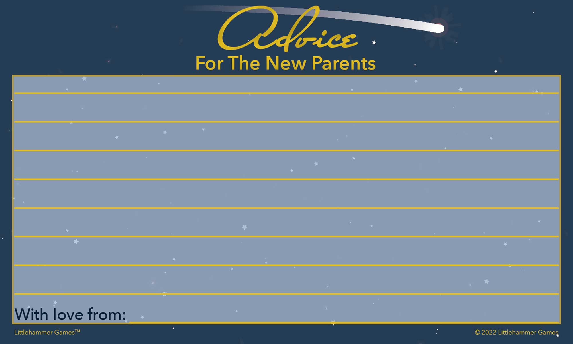 Celestial Advice for the New Parents card with decorative background and lines