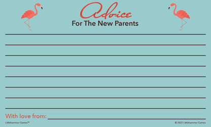 Flamingo baby shower advice card with scripted header text