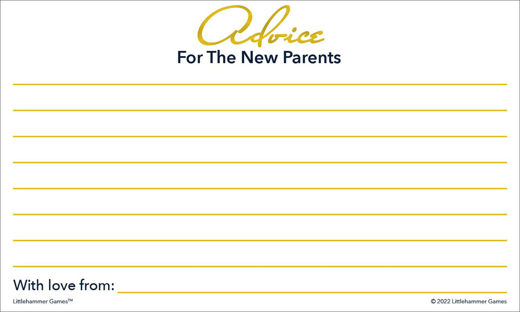 Gold and white baby shower advice card with lined space for guest messages