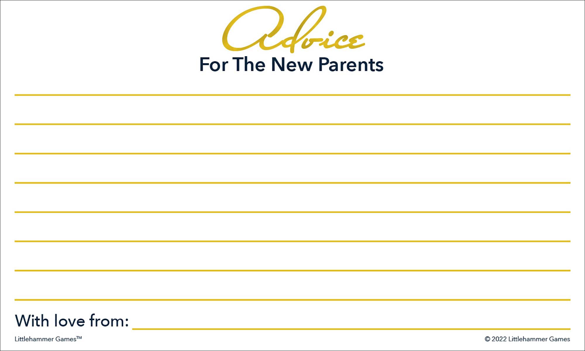 Gold and white baby shower advice card with lined space for guest messages