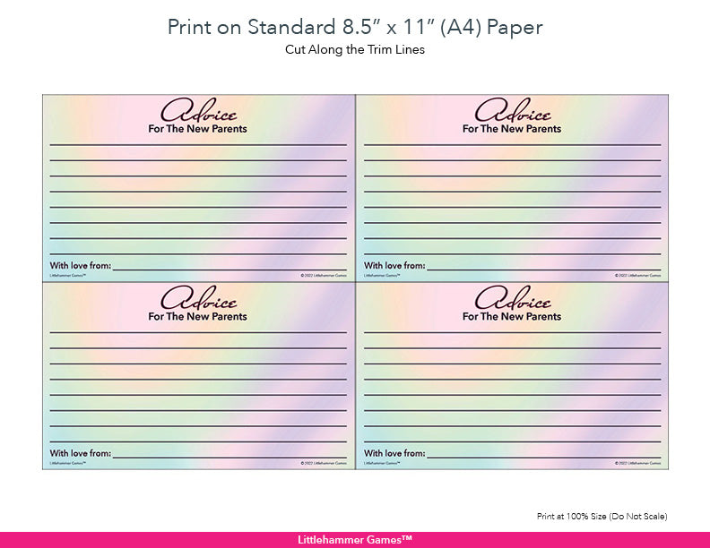Hologram-themed Advice for the New Parents card layout showing US Letter size dimensions and printing information