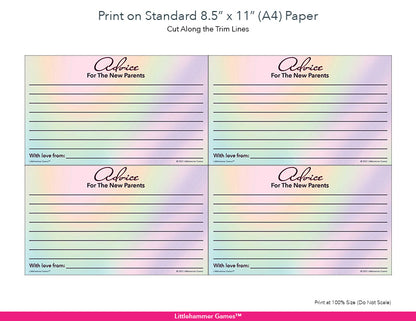 Hologram-themed Advice for the New Parents card layout showing US Letter size dimensions and printing information