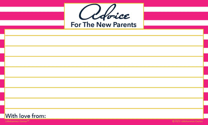 Pink-striped Advice for the New Parents card with blank lines for guest advice